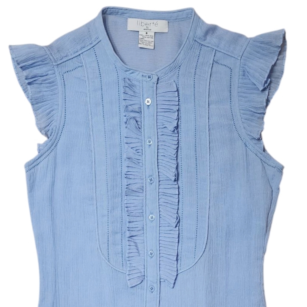 New Liberte` By Emanual Ungaro Sleeveless Silk Blend Ruffle Top Sz 8 Blue